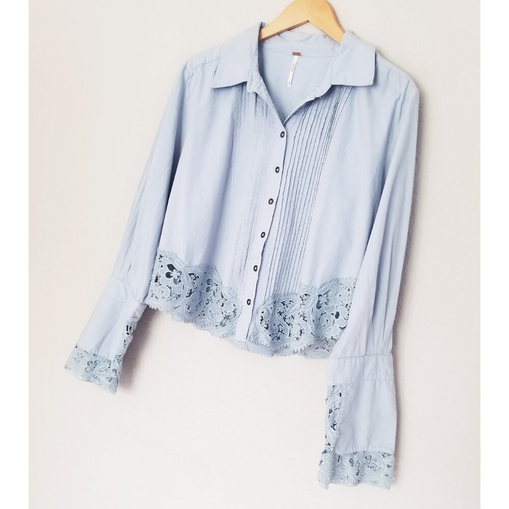 Free People Crochet Lace Trim Hooked On You Top Button Front Shirt Blue M $128 - Picture 10 of 16